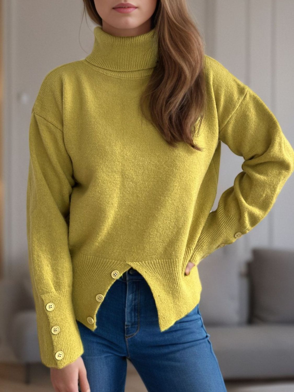 Front Slit Decorative Button Turtleneck Sweater-Angel Casuals