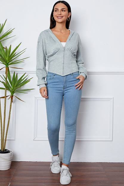 Shiny Ruched Half Zip Hooded Jacket-Angel Casuals