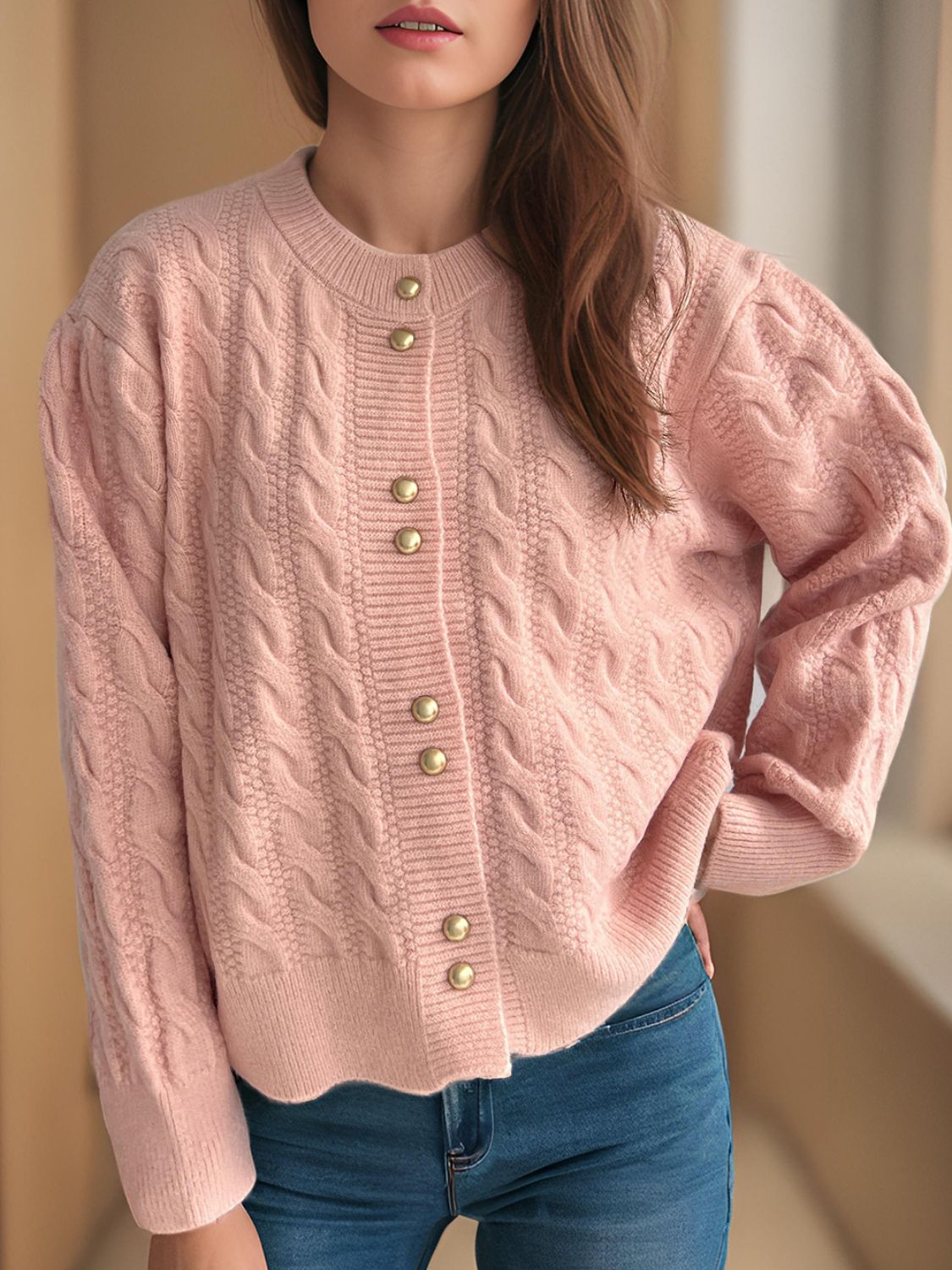 Cable-Knit Round Neck Long Sleeve Cardigan-Angel Casuals