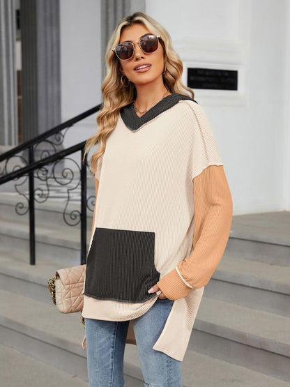 Double Take Contrast Hooded Long Sleeve Top-Angel Casuals