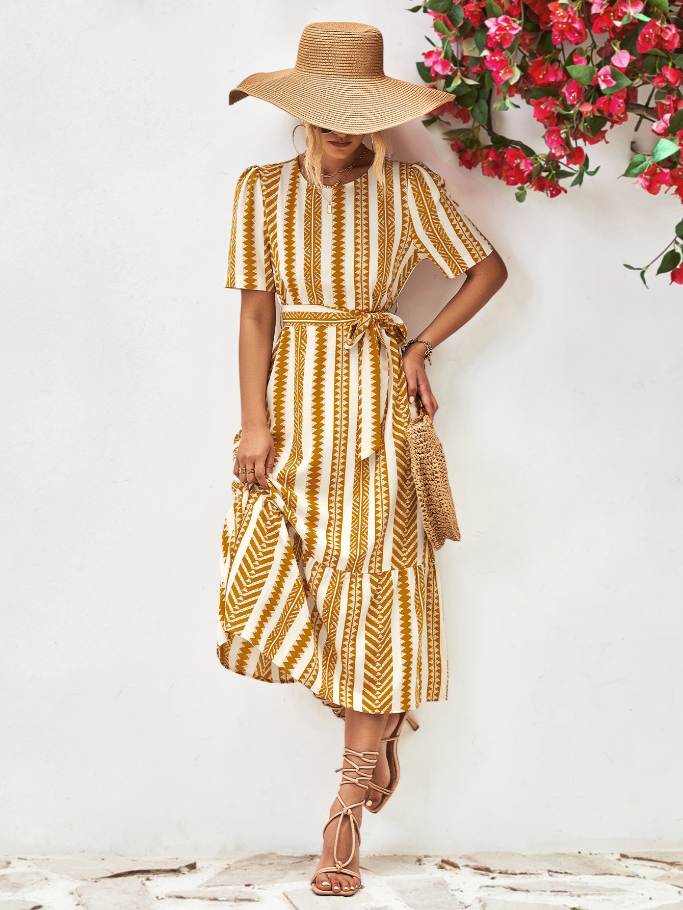 Striped Tie Belt Round Neck Puff Sleeve Dress-Angel Casuals