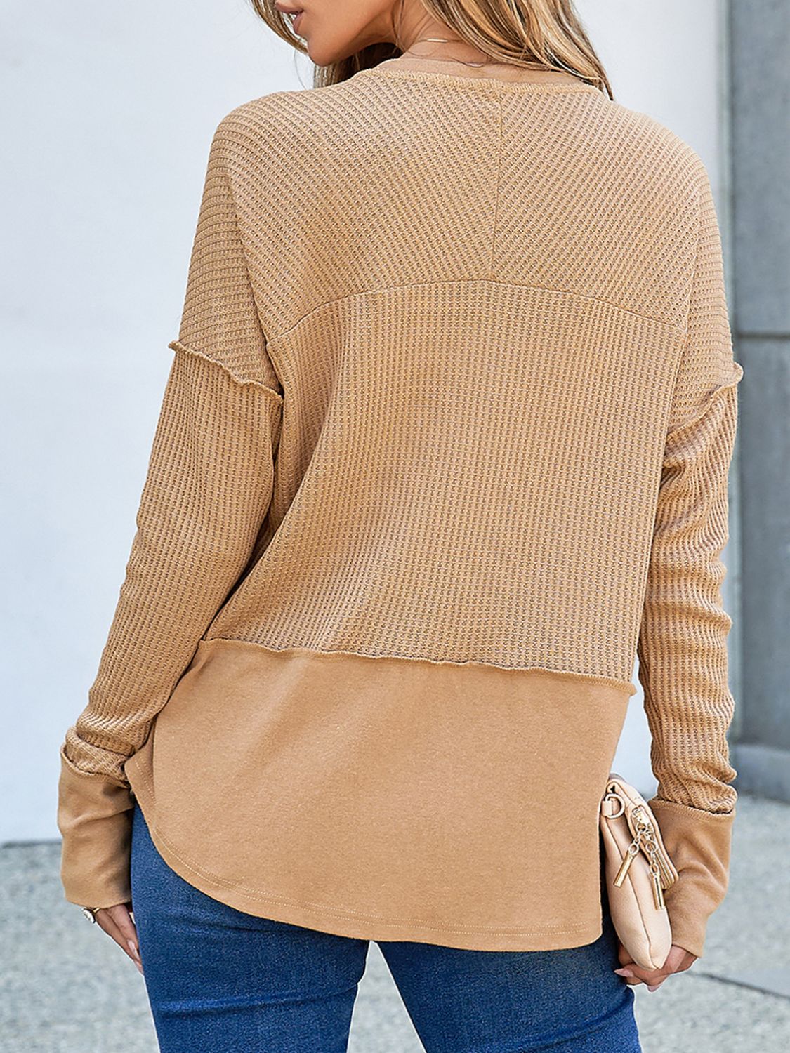 Waffle-Knit Notched Long Sleeve T-Shirt-Angel Casuals