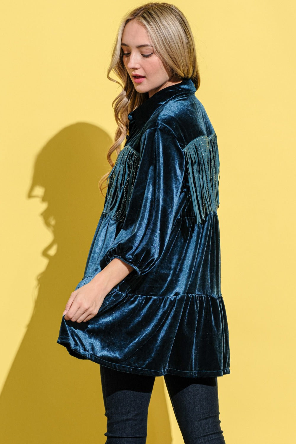 And The Why Fringe Detailed Velvet Shirt Dress-Angel Casuals