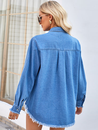 Raw Hem Button Up Long Sleeve Denim Jacket with Sequin Pockets-Angel Casuals