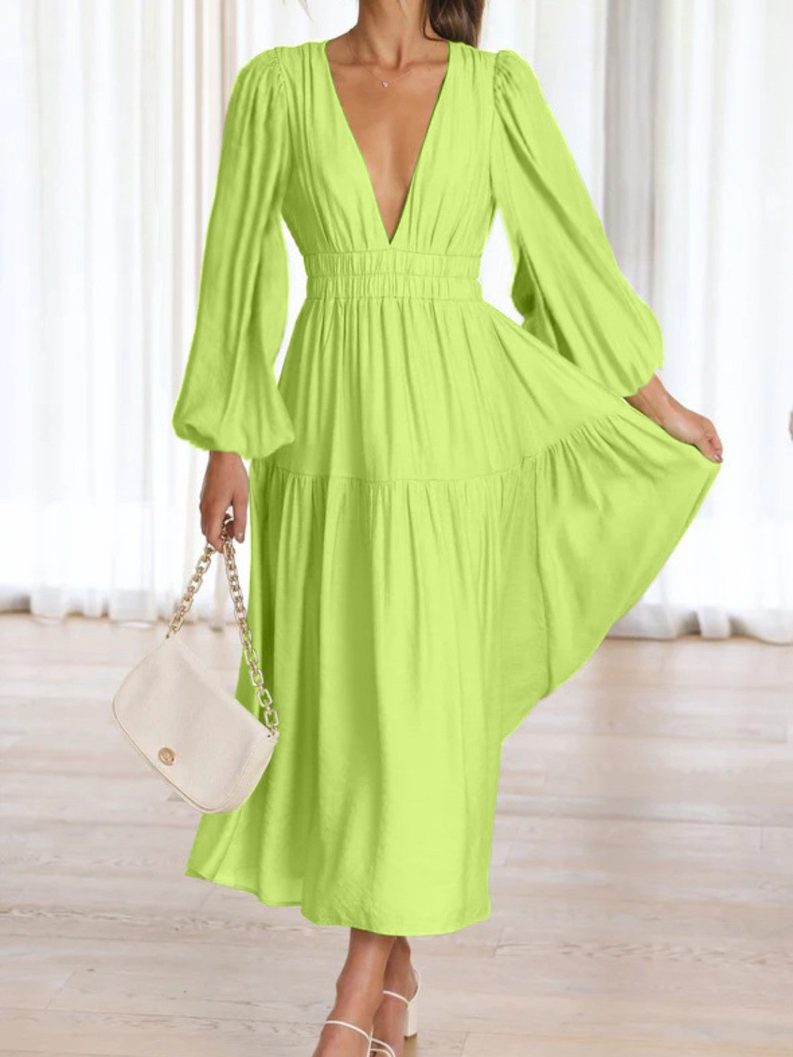 Deep V-Neck Balloon Sleeve Plain Maxi Dress-Angel Casuals