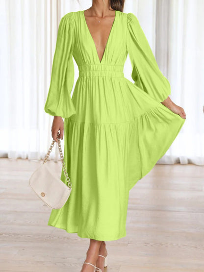 Deep V-Neck Balloon Sleeve Plain Maxi Dress-Angel Casuals