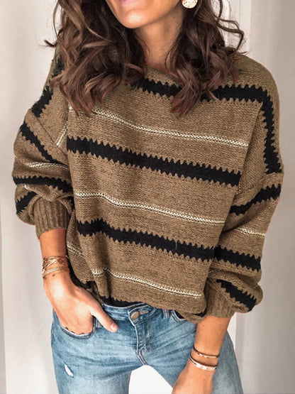 Contrast Striped Round Neck Long Sleeve Sweater-Angel Casuals