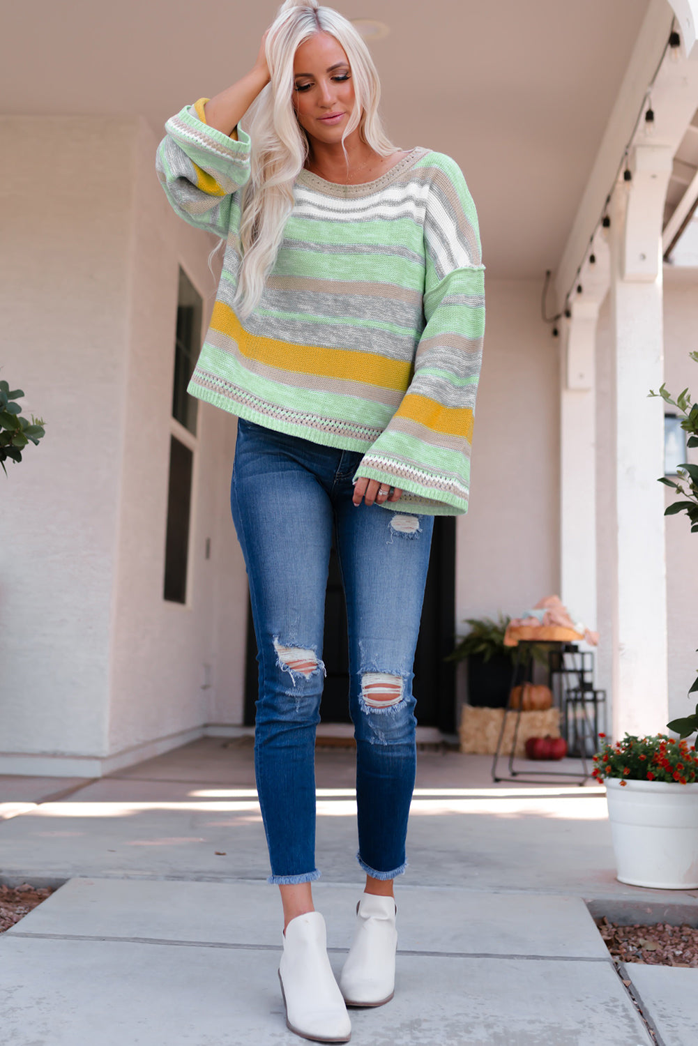 Striped Dropped Shoulder Flare Sleeve Sweater-Angel Casuals