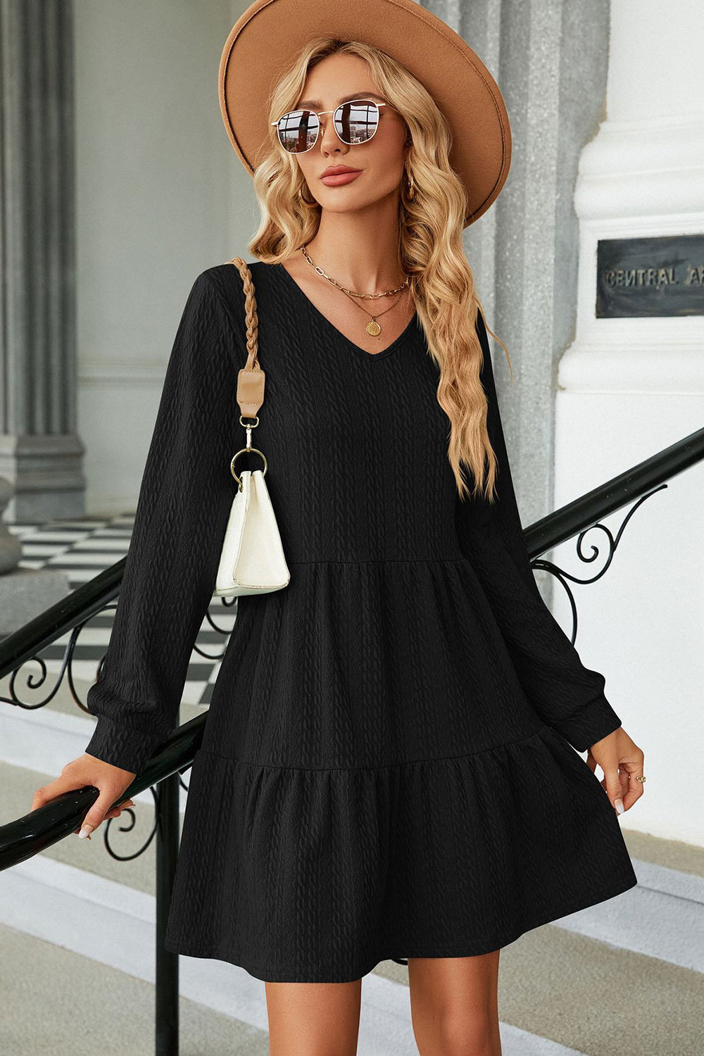 V-Neck Long Sleeve Mini Dress-Angel Casuals