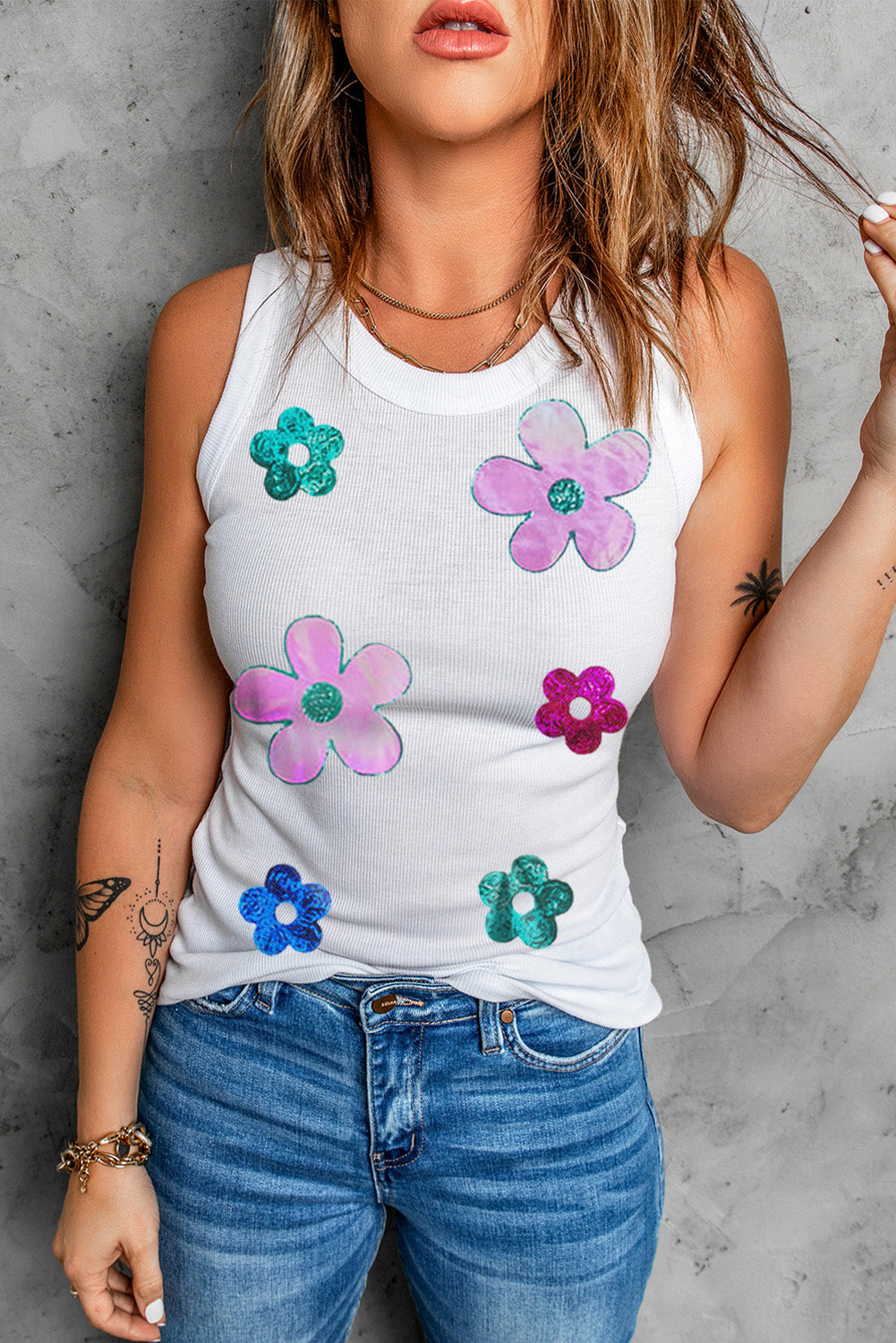 Sequin Flower Round Neck Tank-Angel Casuals