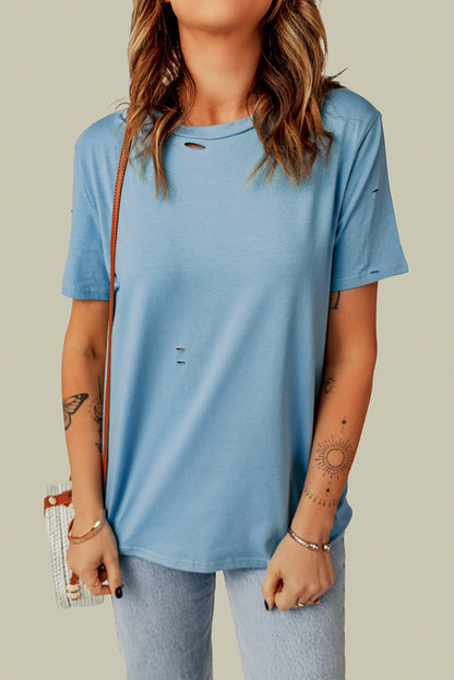 Distressed Round Neck Tee-Angel Casuals