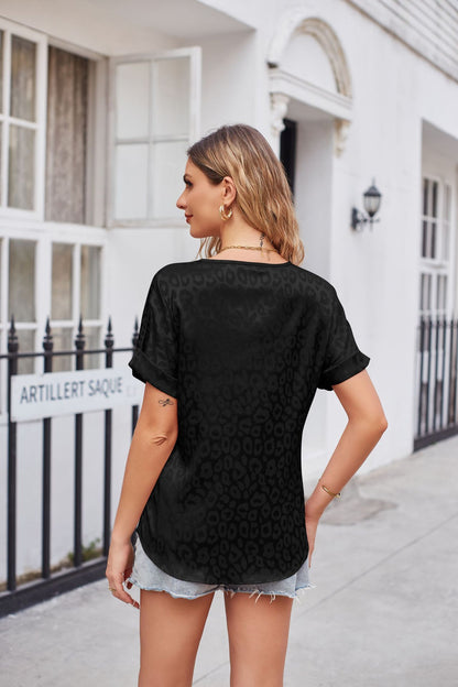 Leopard Print Curved Hem Satin Top-Angel Casuals