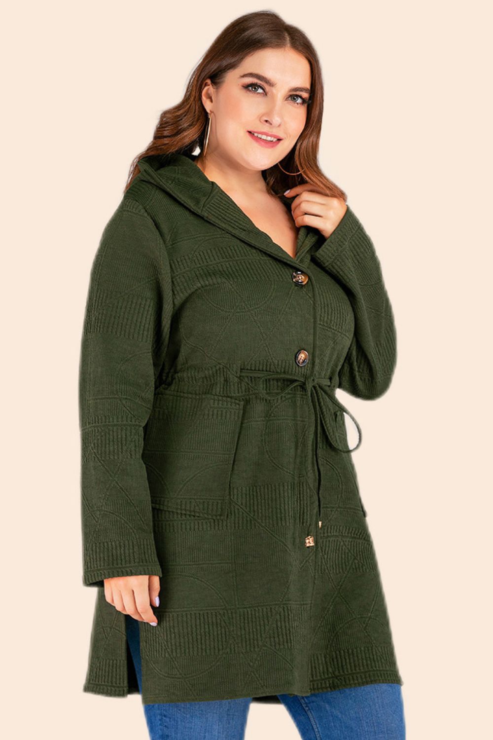 Plus Size Drawstring Waist Hooded Cardigan with Pockets-Angel Casuals