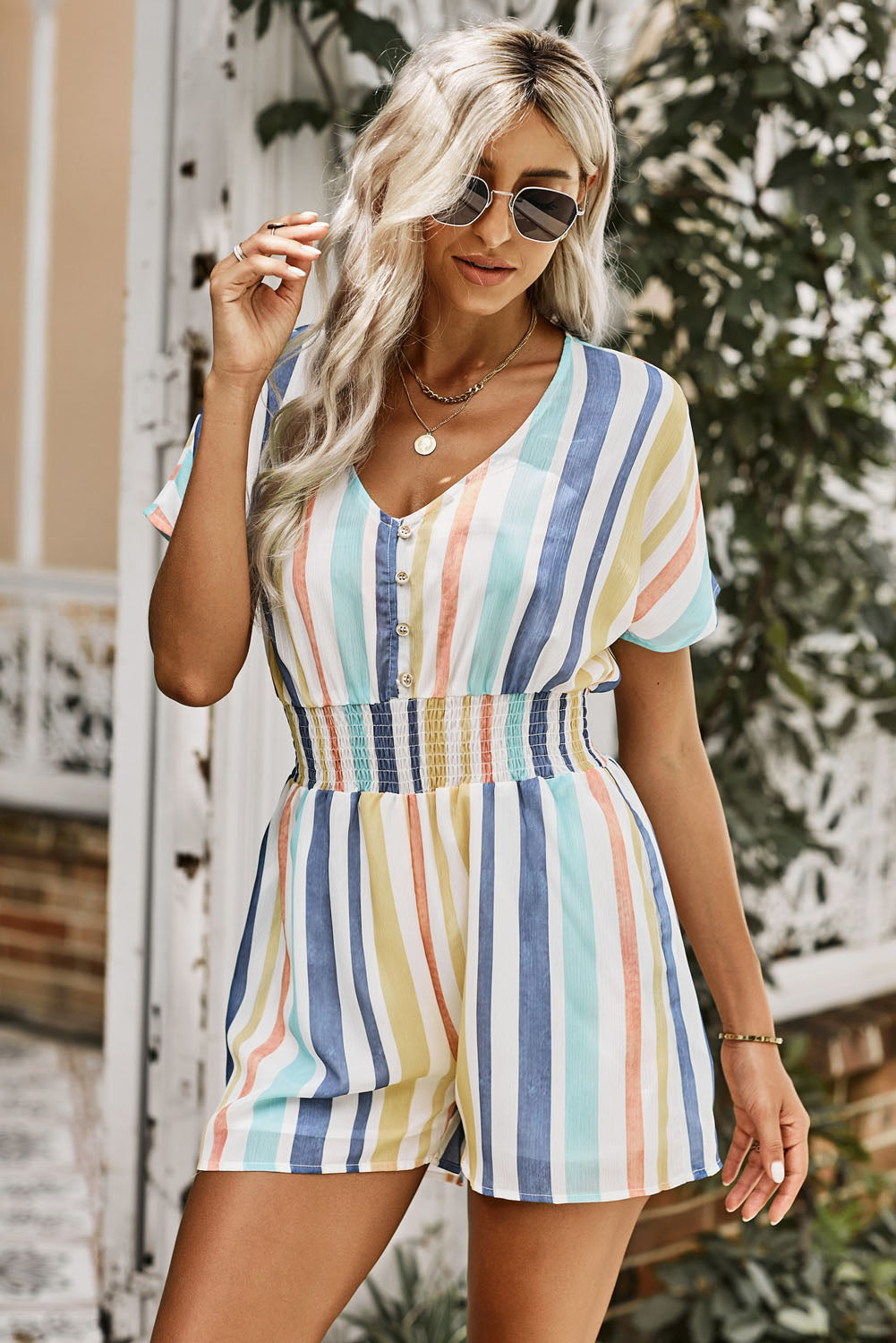 Multicolored Stripe V-Neck Smocked Waist Romper-Angel Casuals