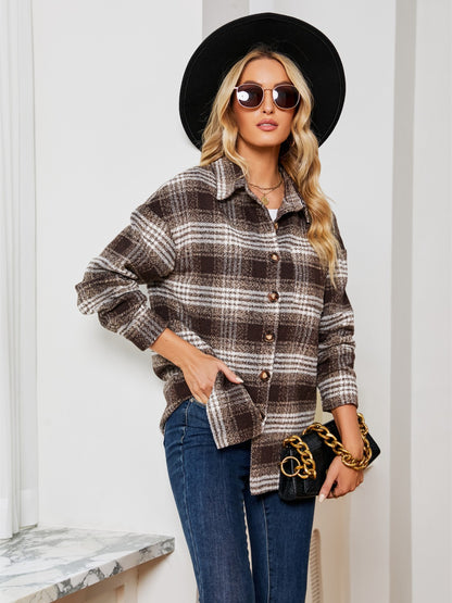 Plaid Collared Shirt Jacket-Angel Casuals
