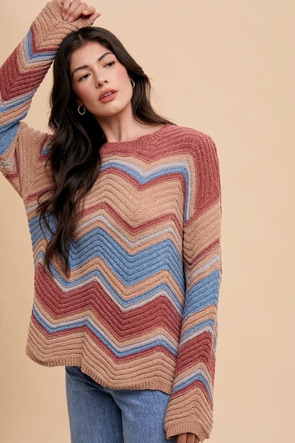 Annie Wear Multi Color Zig-Zag Round Neck Sweater-Angel Casuals