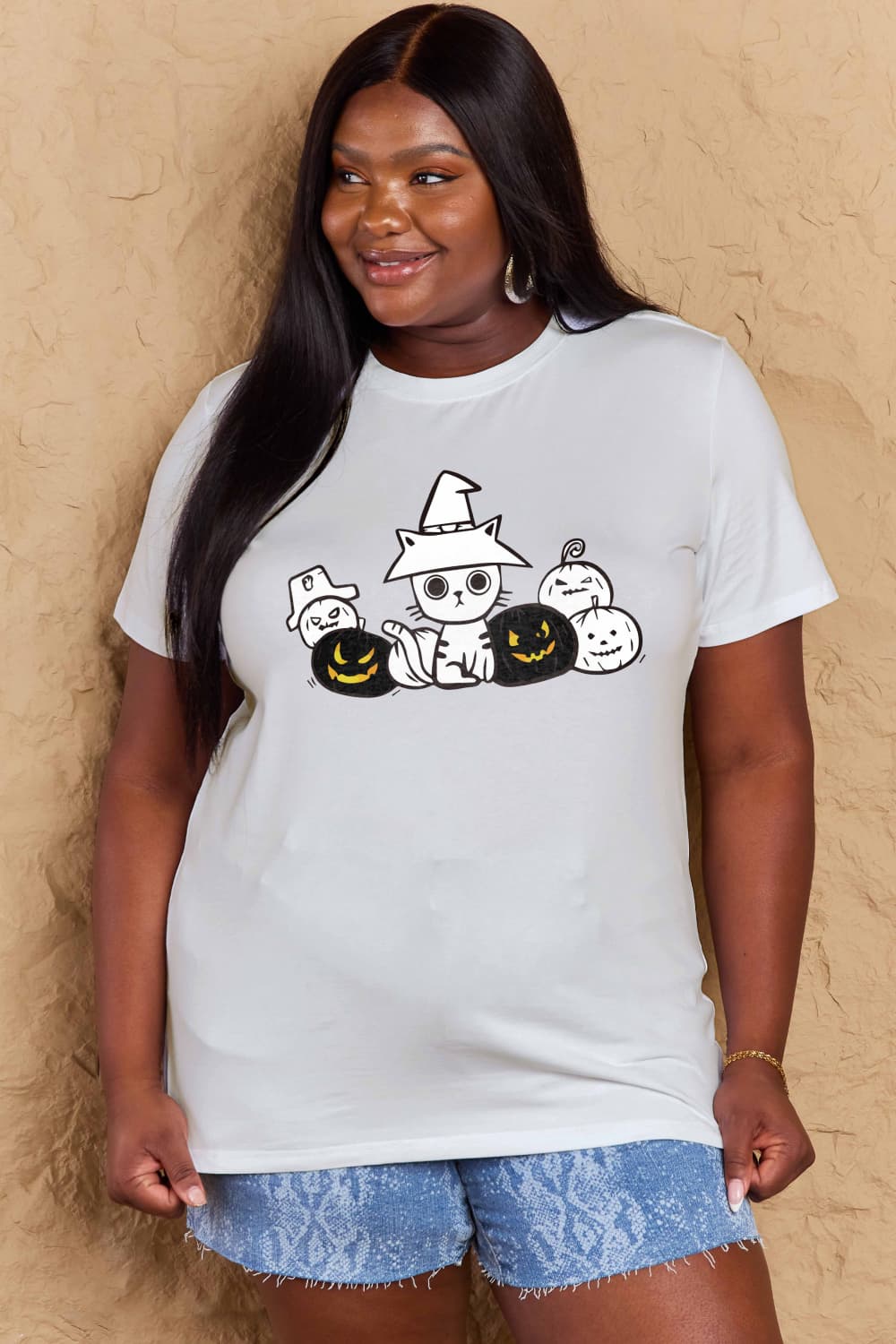 Simply Love Full Size Cat & Pumpkin Graphic Cotton T-Shirt-Angel Casuals