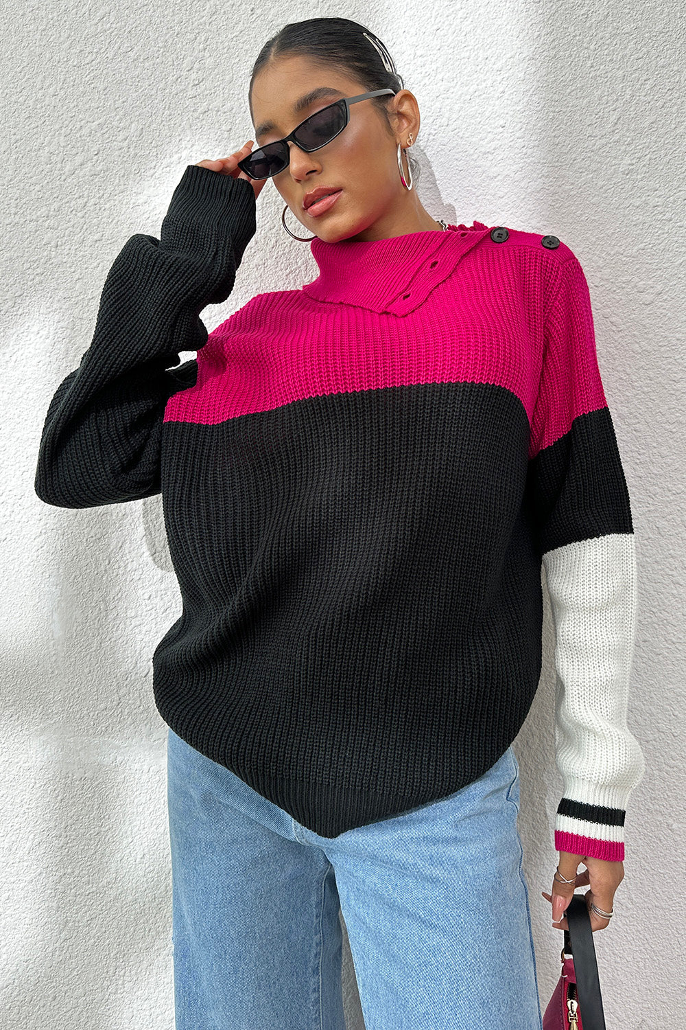 Contrast Buttoned Cutout Long Sleeve Sweater-Angel Casuals