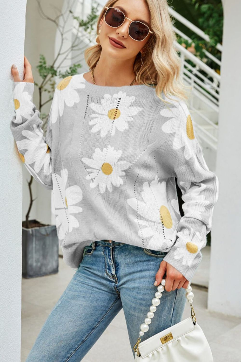 Angel Wings Daisy Print Openwork Round Neck Sweater-Angel Casuals