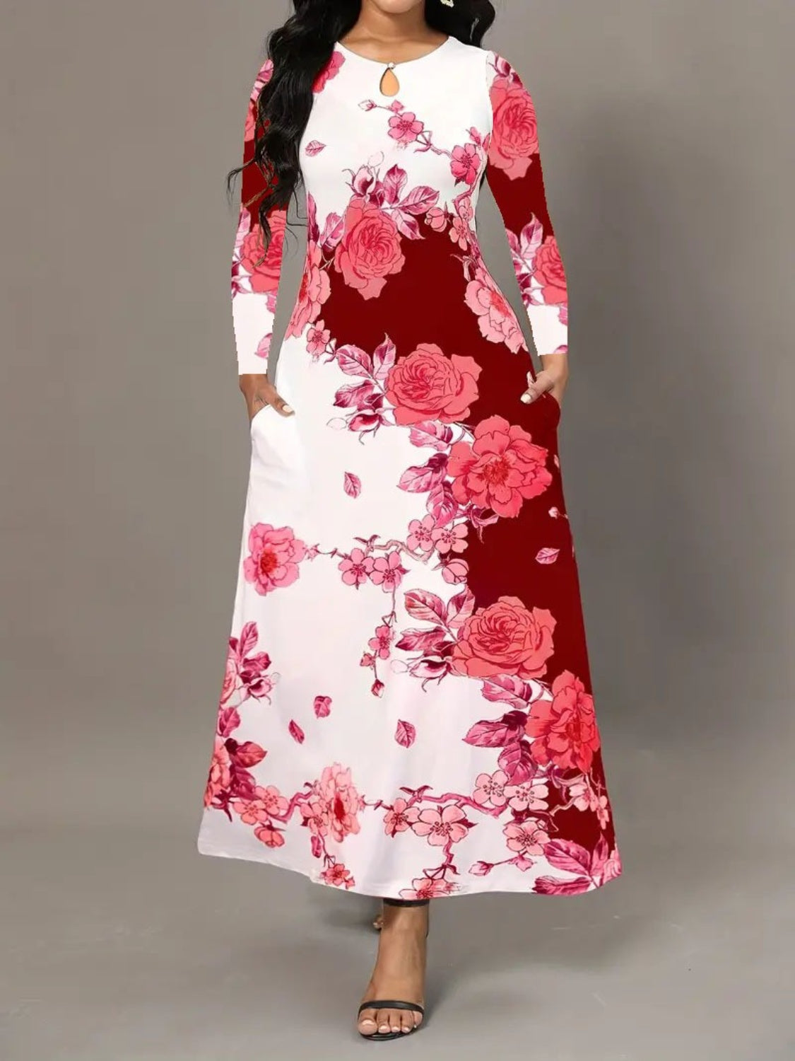 Pocketed Printed Long Sleeve Dress-Angel Casuals