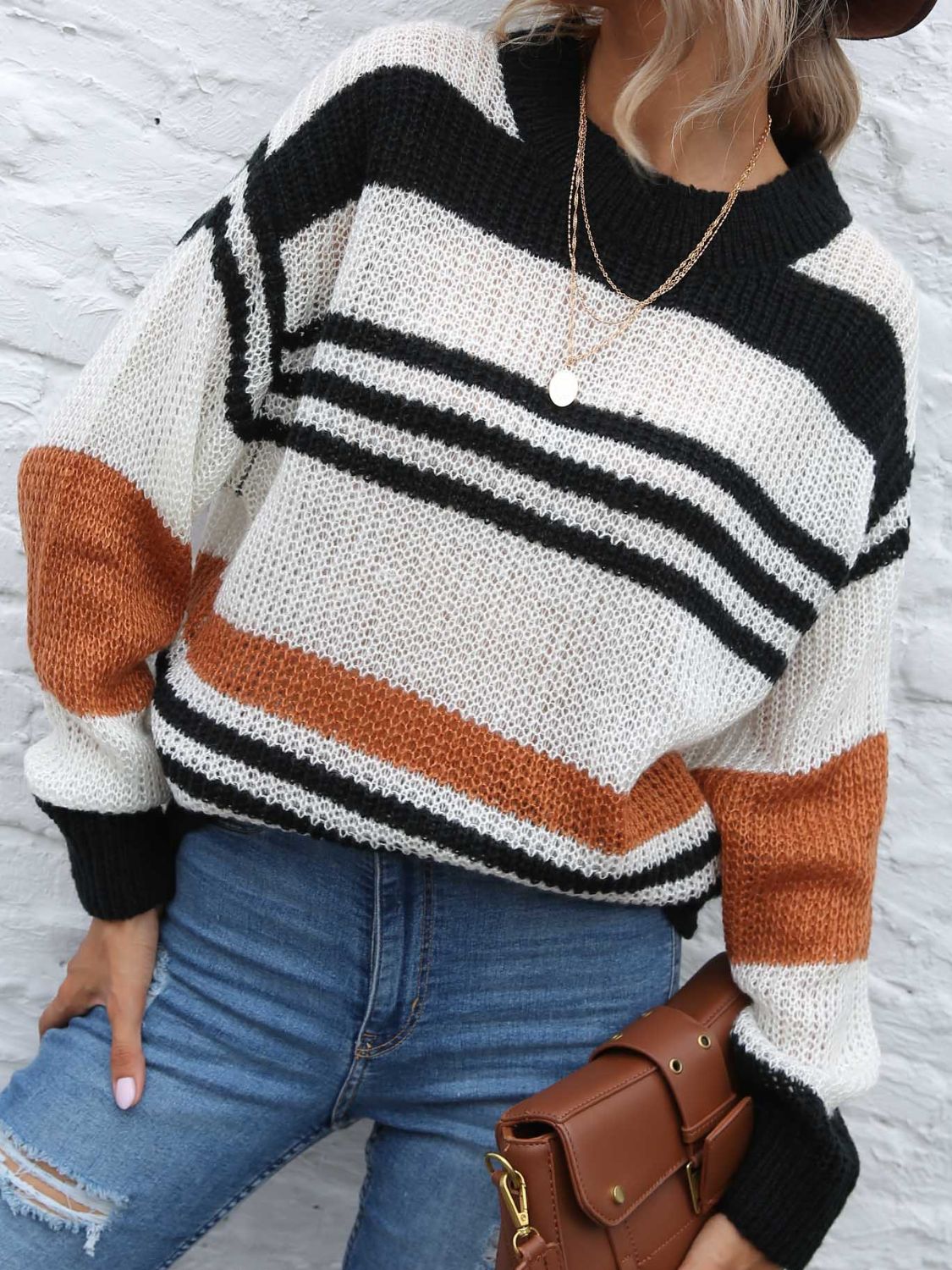 Contrast Striped Round Neck Long Sleeve Sweater-Angel Casuals