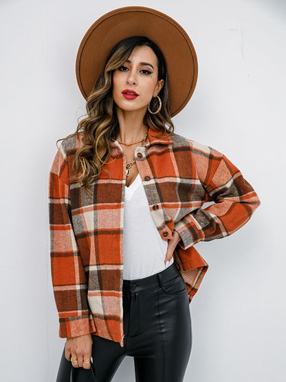 Plaid Button Up Collared Neck Jacket-Angel Casuals