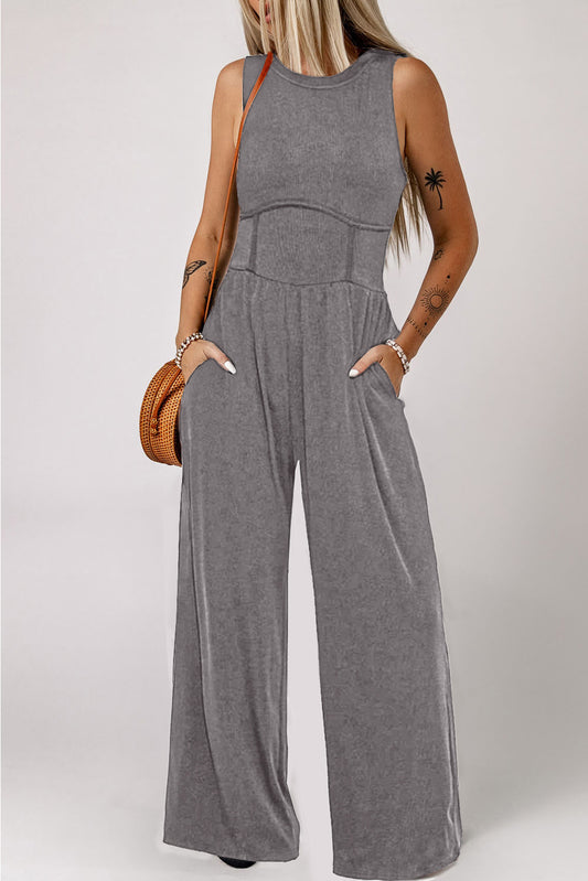 Round Neck Sleeveless Jumpsuit with Pockets-Angel Casuals