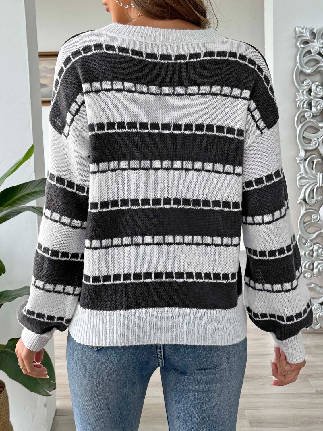 Striped Round Neck Long Sleeve Sweater-Angel Casuals
