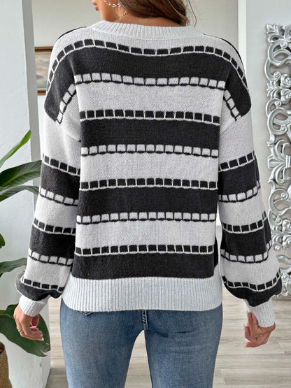 Striped Round Neck Long Sleeve Sweater-Angel Casuals