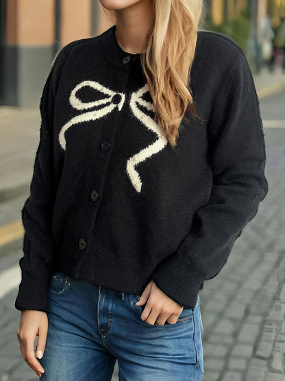 Bow Button Down Round Neck Cardigan-Angel Casuals