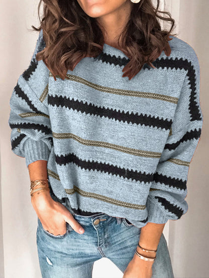 Contrast Striped Round Neck Long Sleeve Sweater-Angel Casuals