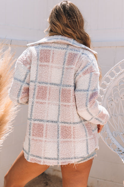 Plaid Button Up Collared Neck Sherpa Jacket-Angel Casuals