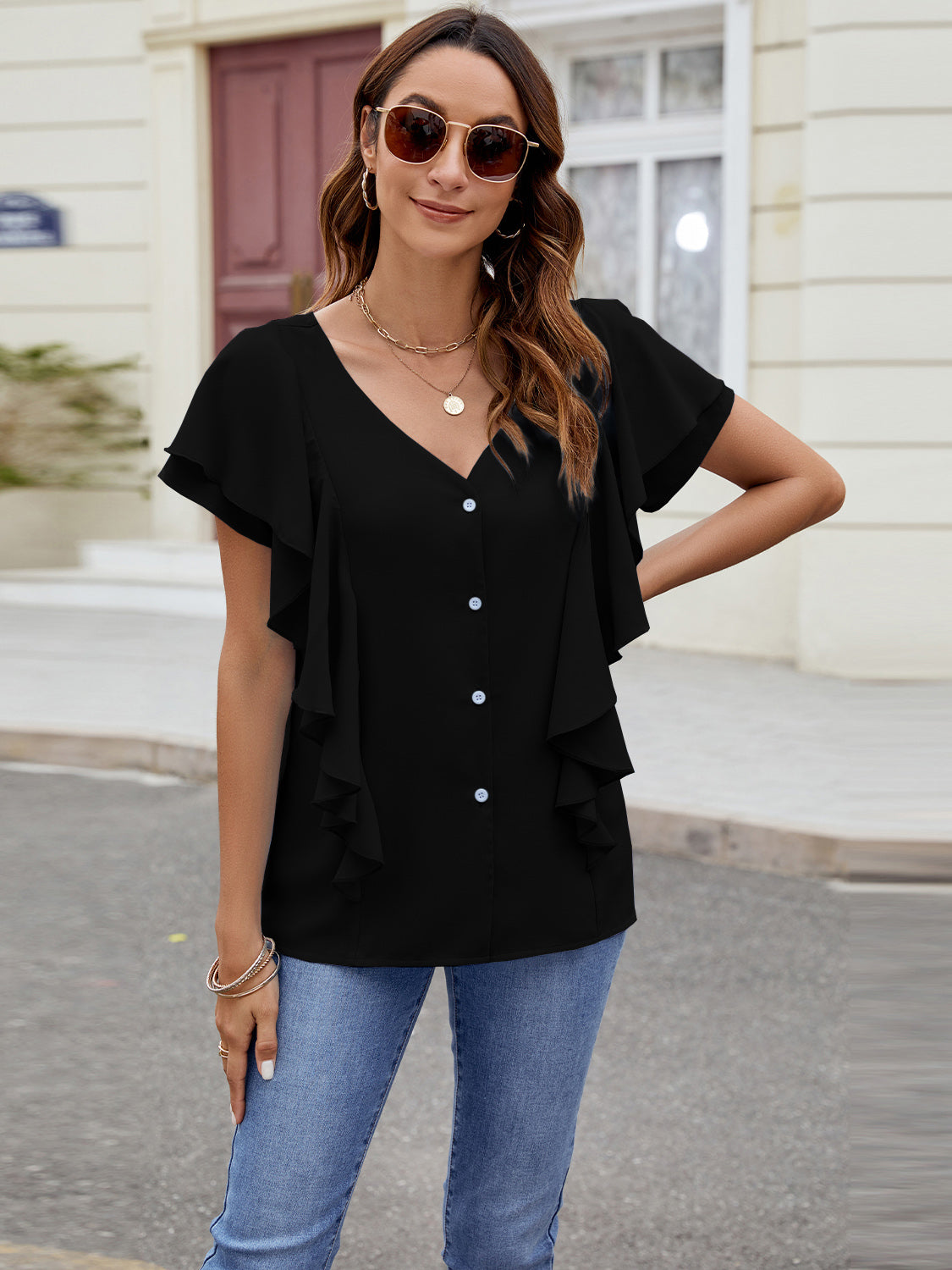 Ruffled V-Neck Short Sleeve Top-Angel Casuals