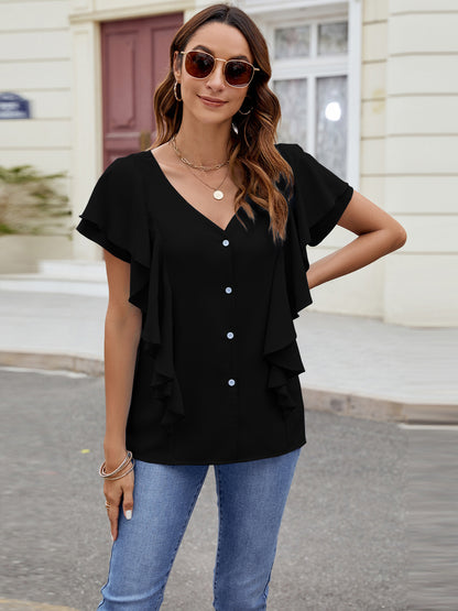 Ruffled V-Neck Short Sleeve Top-Angel Casuals