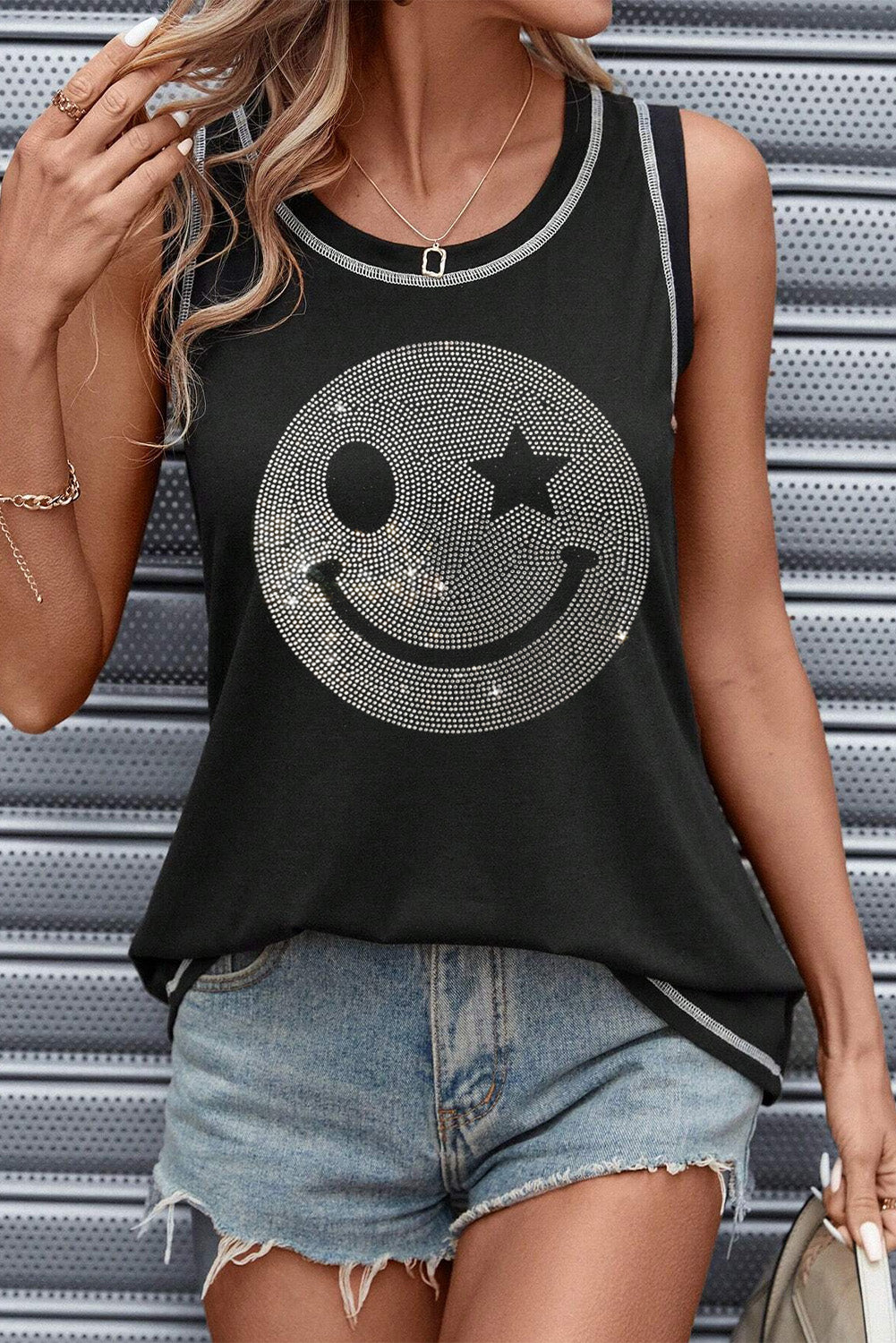 Rhinestone Smile Face Round Neck Tank-Angel Casuals