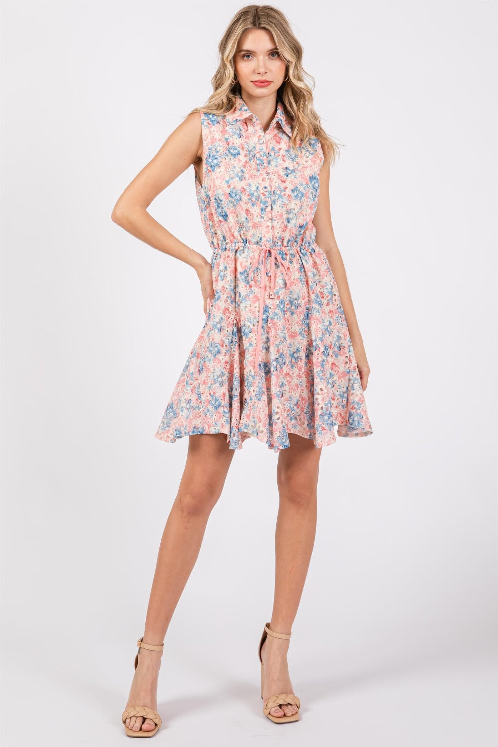 GeeGee Full Size Floral Eyelet Sleeveless Mini Dress-Angel Casuals