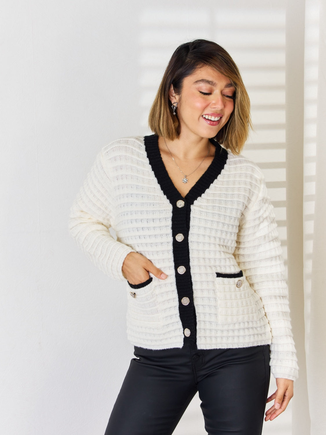 Contrast Trim Button Up Cardigan-Angel Casuals