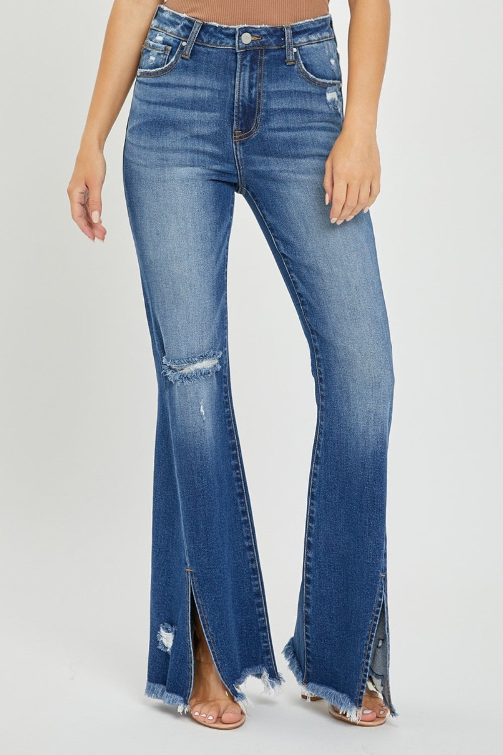 RISEN Full Size High Rise Front Slit Frayed Hem Flare Jeans-Angel Casuals