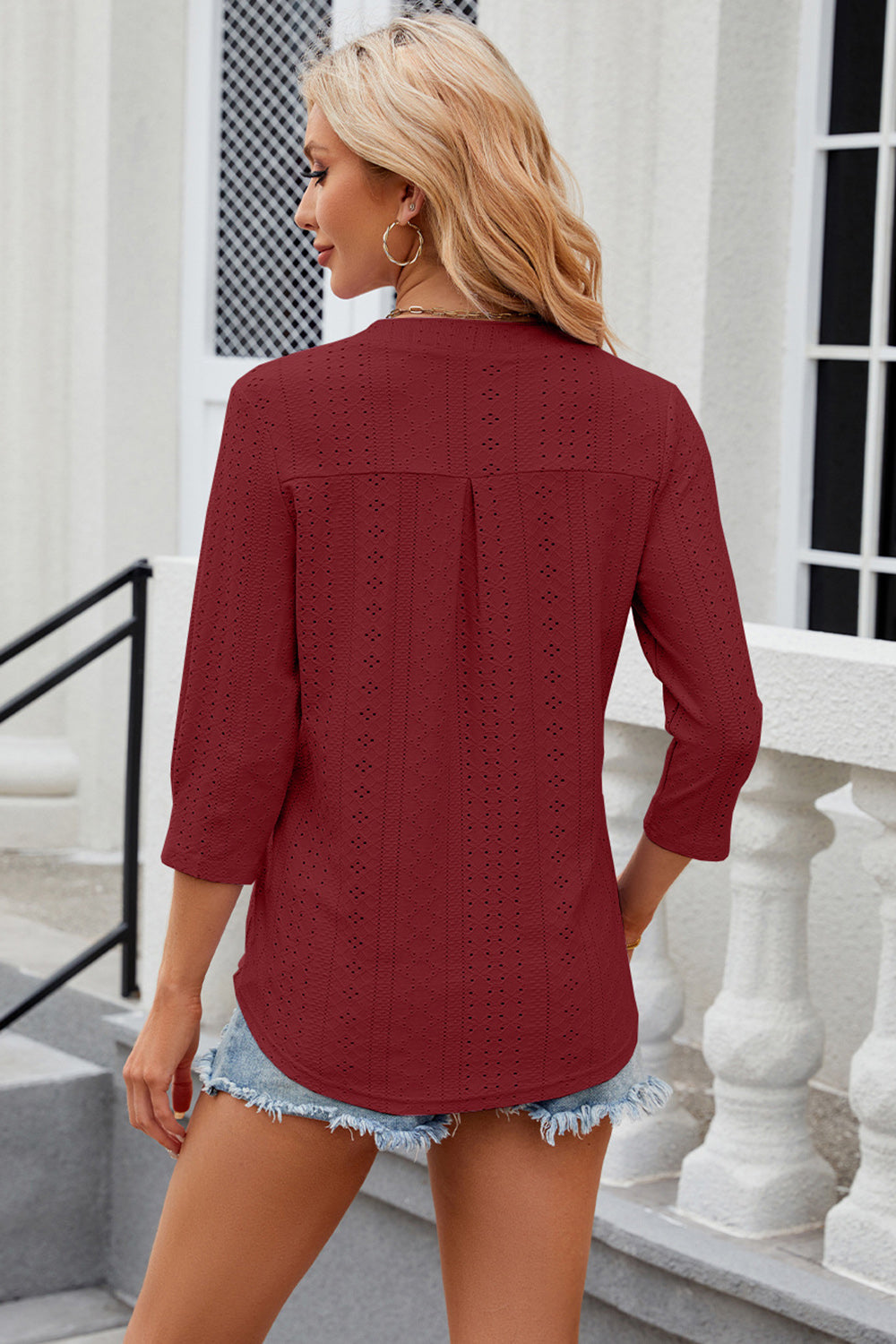 Eyelet Notched Knit Jacquard Top-Angel Casuals