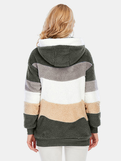 Full Size Drawstring Color Block Zip Up Hooded Outerwear-Angel Casuals