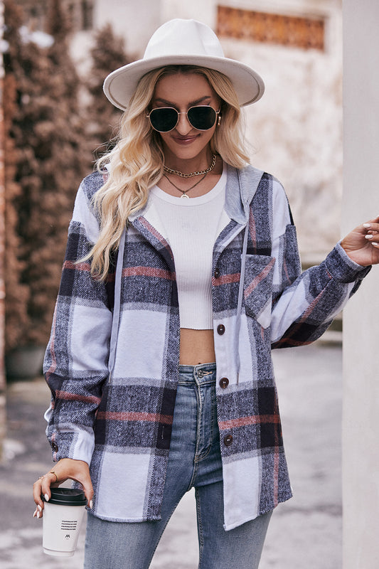 Mandy Plaid Dropped Shoulder Hooded Jacket-Angel Casuals