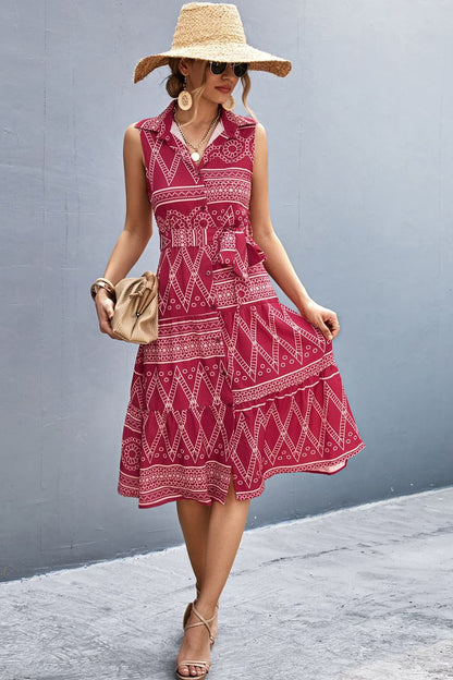 Printed Button Front Tie-Waist Sleeveless Collared Dress-Angel Casuals