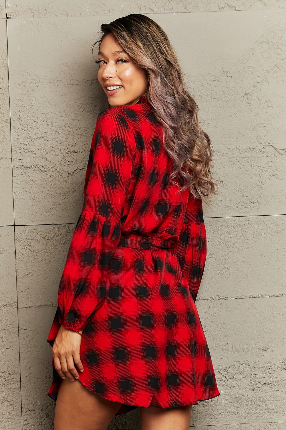 Plaid Tie Waist Balloon Sleeve Mini Dress-Angel Casuals