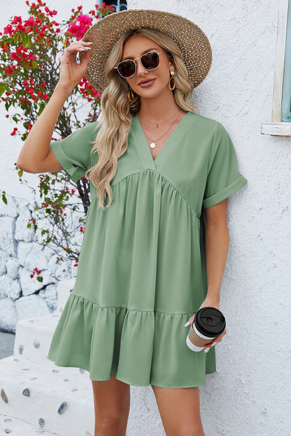 Ruched Tiered V-Neck Short Sleeve Mini Dress-Angel Casuals