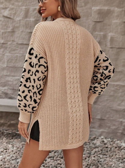 Pocketed Leopard Open Front Cardigan-Angel Casuals