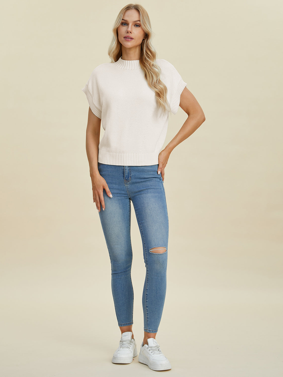 Double Take Full Size Mock Neck Short Sleeve Sweater-Angel Casuals