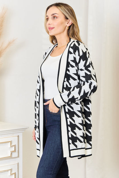 Woven Right Houndstooth Open Front Longline Cardigan-Angel Casuals