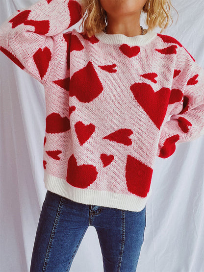 Heart Round Neck Long Sleeve Sweater-Angel Casuals