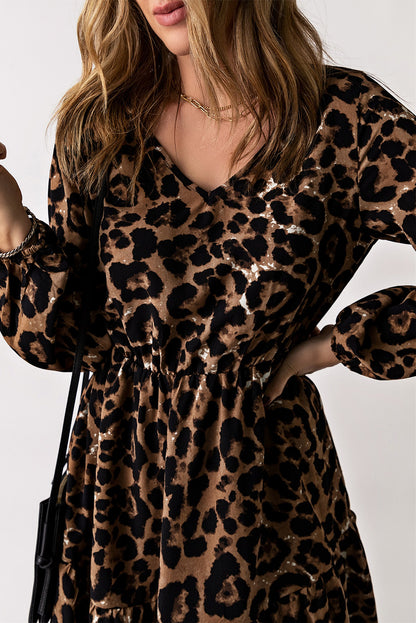 Leopard V-Neck Balloon Sleeve Tiered Dress-Angel Casuals