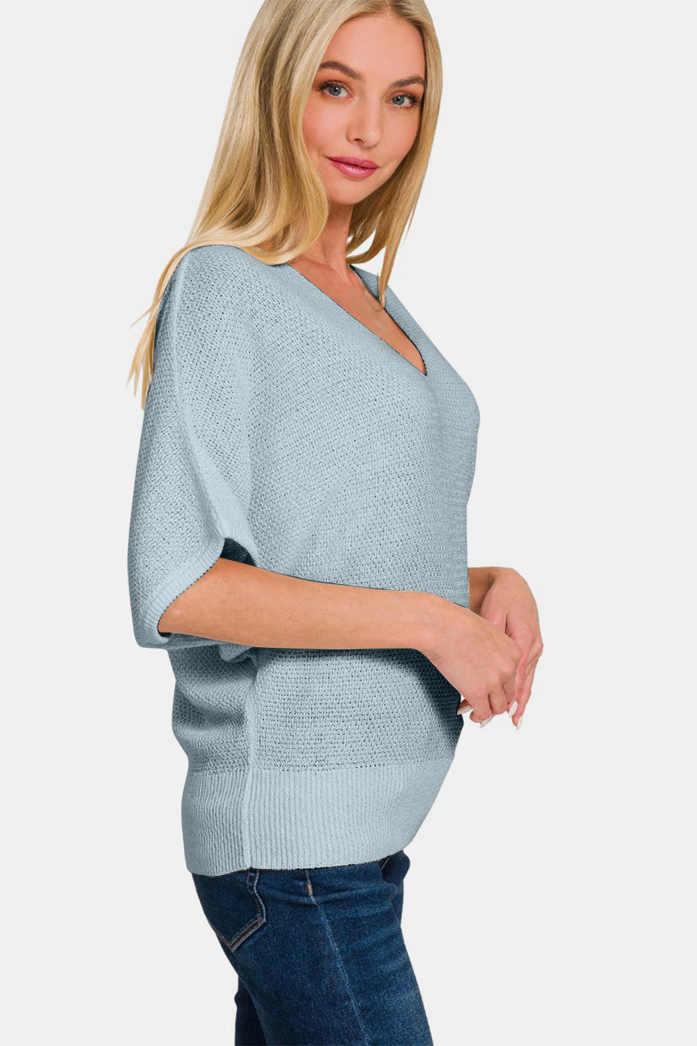 Zenana V-Neck Short Sleeve Dolman Sweater-Angel Casuals